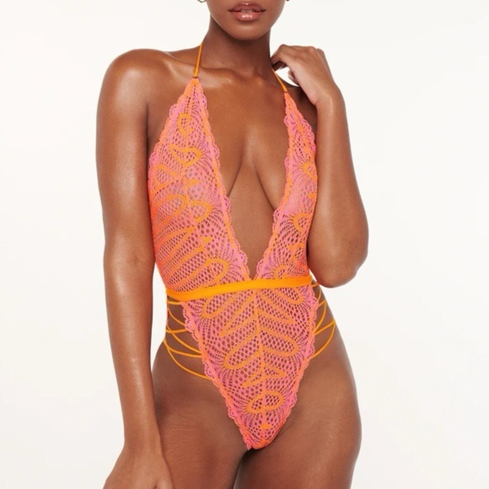 NWT Savage X Fenty Pink and Orange Lace Halter Teddy